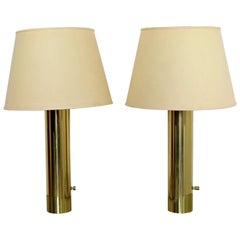 Mid-Century Modern Pair of Cylindrical Brass Table Lamps Kovacs Style[, 1970s