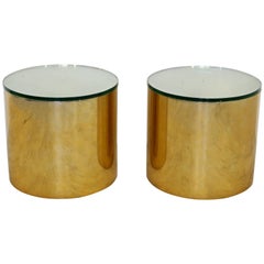 Mid-Century Modern Pair of Brass Round Drum Side Tables Paul Mayen Habitat