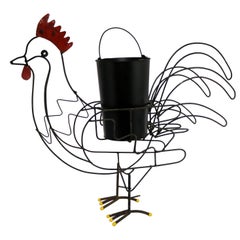 Wire Rooster Folk Art Planter with Red Comb Yellow Toes and Black Bucket