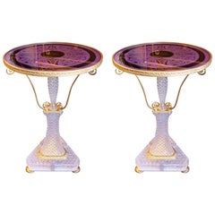 Rare paire de guéridons de Baccarat, cristal, bronze doré, verre églomisé, années 1940