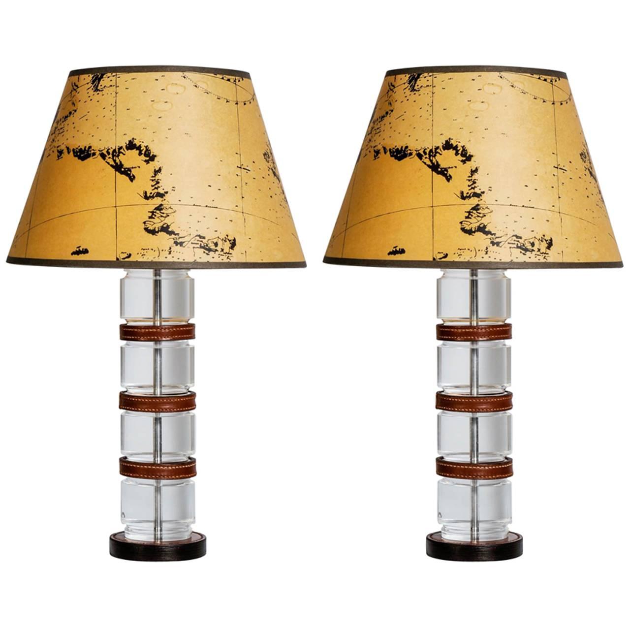 Pair of Lucite and Stitched Leather Lamps by Hermès, Paris