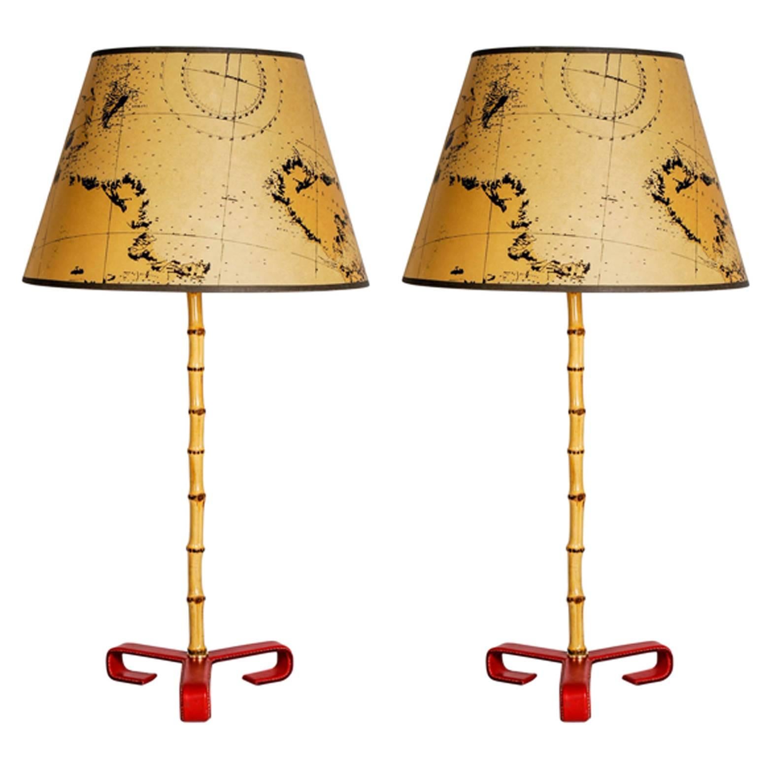 Pair of Stitched Leather Lamp by Jacques Adnet For Sale