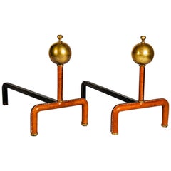 Pair of Andirons in Stitched Leather by Jacques Adnet