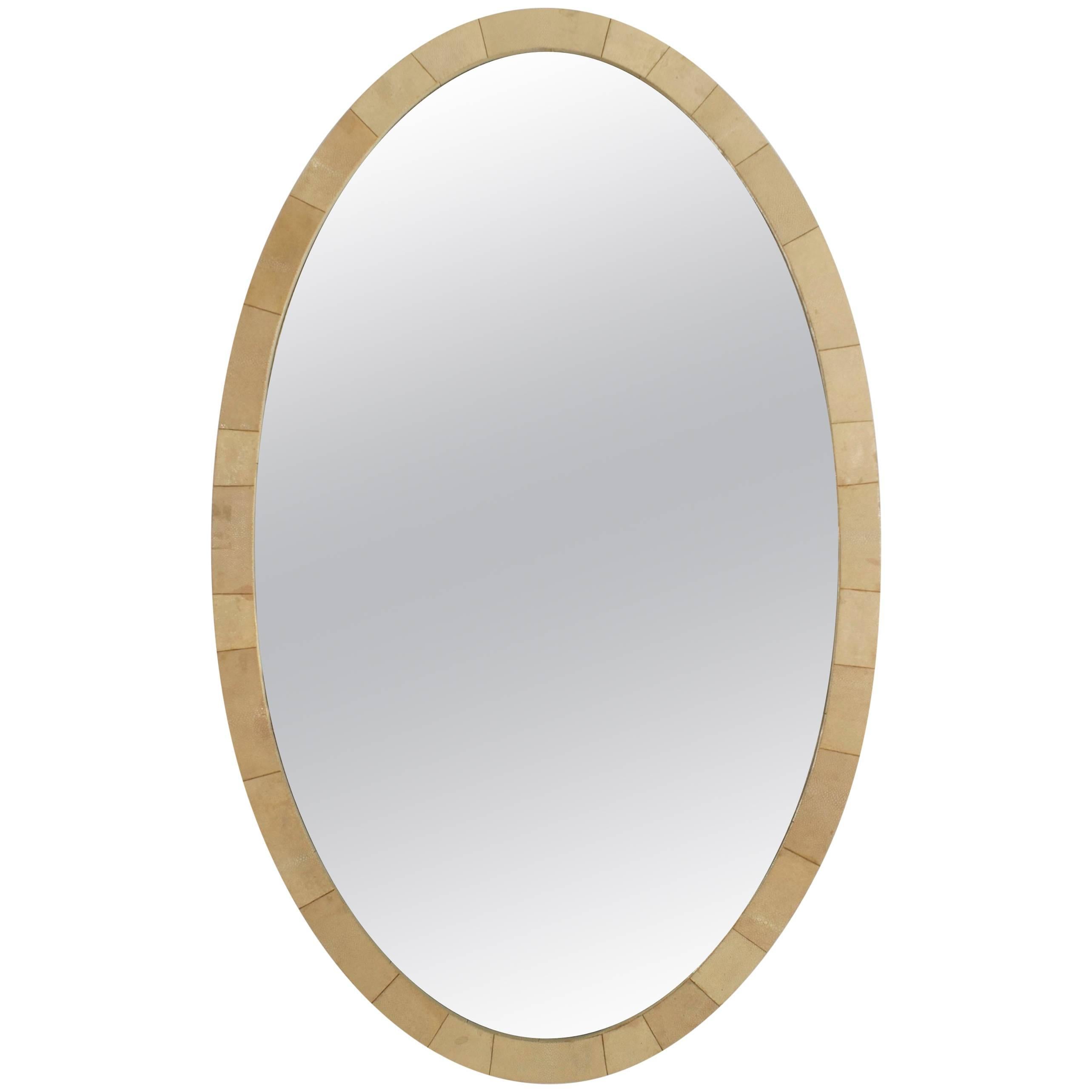 French Art Deco Large Oval Shaped Cream Colored Shagreen Wall Mirror