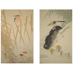 Japan Old Pair of Birds and Flowers Silk Scrolls:: handbemalt und signiert