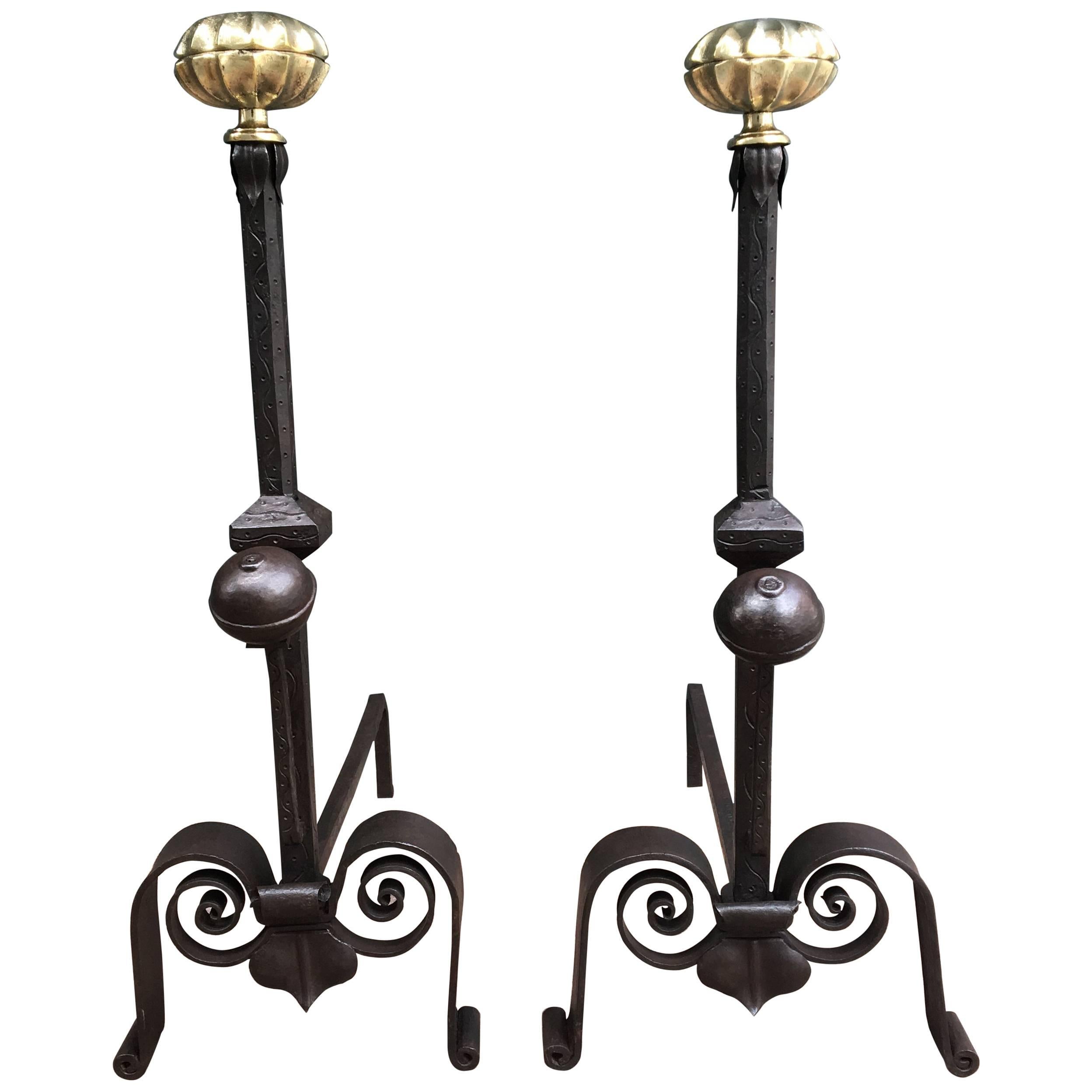 19th Century Italian Andirons with Brass Melon Tops For Sale
