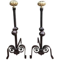 Antique 19th Century Italian Andirons with Brass Melon Tops