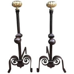 19th Century Italian Andirons with Brass Melon Tops