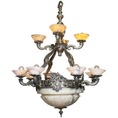 Antique Early 20th Century Art-Deco Silvered Bronze & Alabaster Two-Tier Chandelier