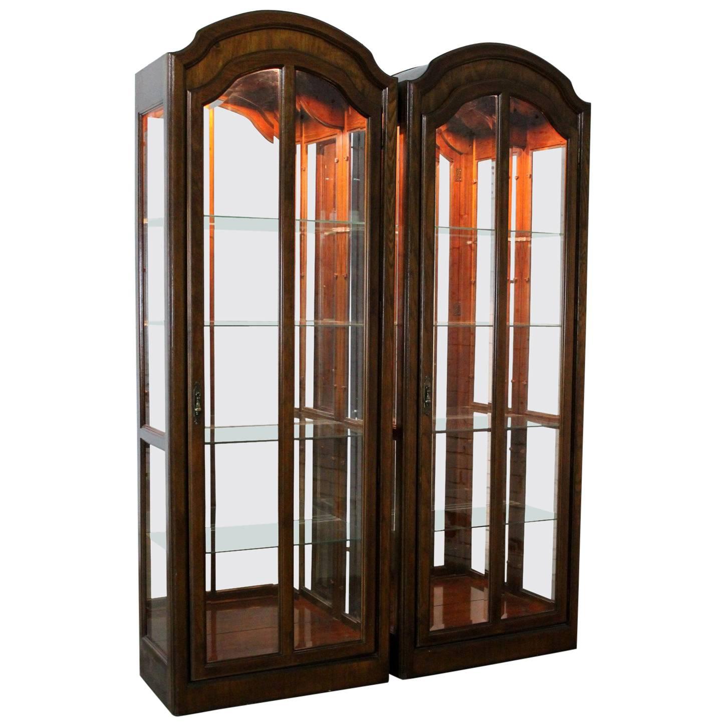 Lighted Curio Cabinets with Arched Top in Dark Wood a Vintage, Pair