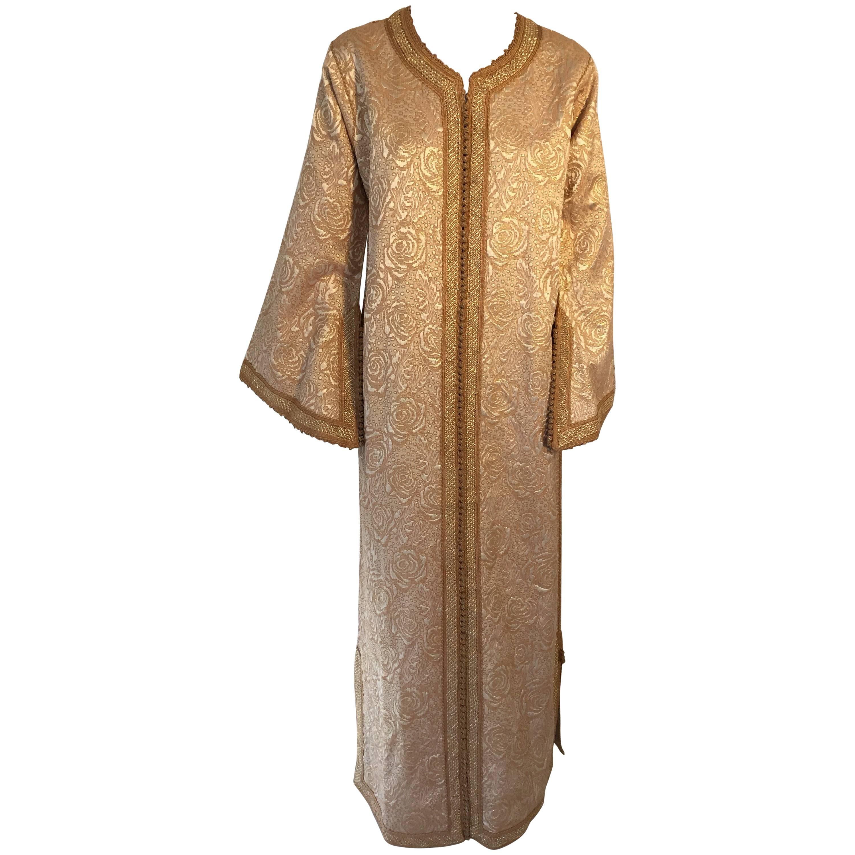 Moroccan Caftan in Gold Bronze Metallic Brocade, Maxi Gown Dress Kaftan