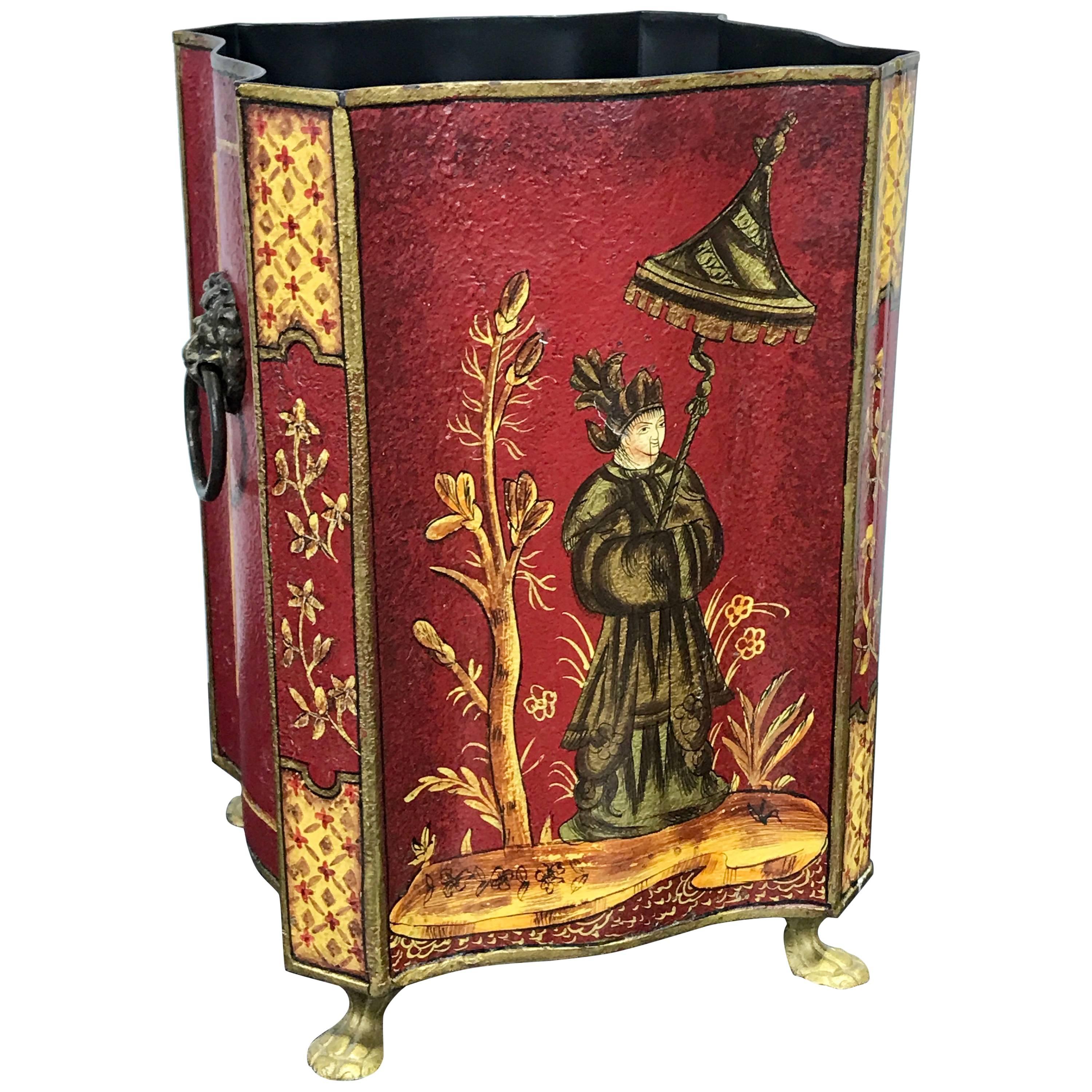 Red Tole Chinoiserie Wastepaper Bin or Trash Can