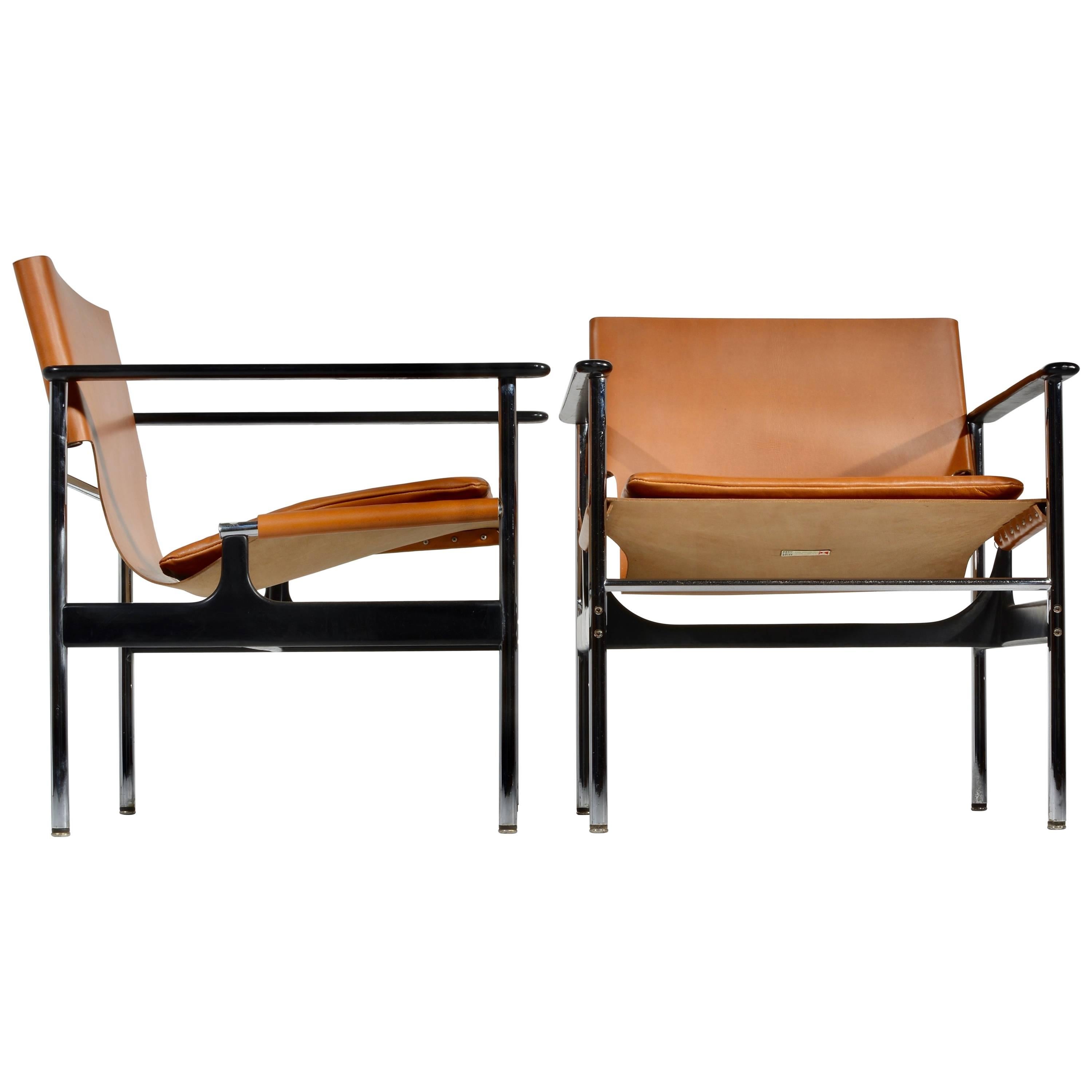 Early Pair of Charles Pollock Lounge Chairs in Cognac Leather