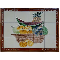 Midcentury Majolica Glazed Tile Tableau Vintage Tiles Painting of Fruit Basket