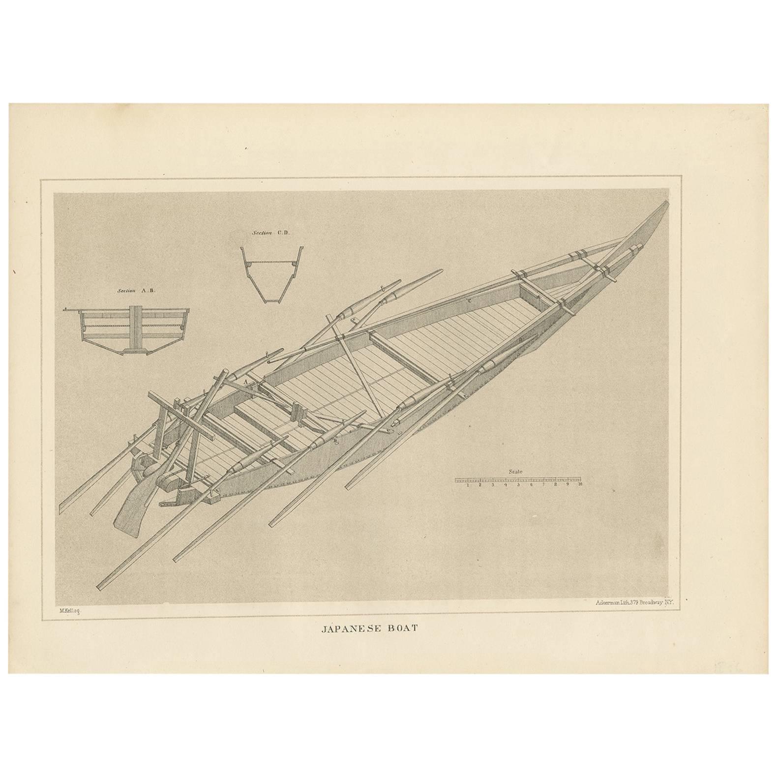 Antique Print of a Japanese Wooden Boat by Ackerman, 1856