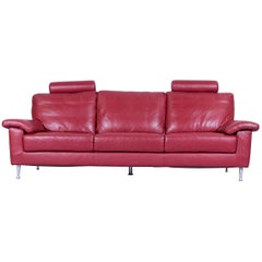 Ewald Schillig Designer Three-Seat Sofa with Red Leather Couch