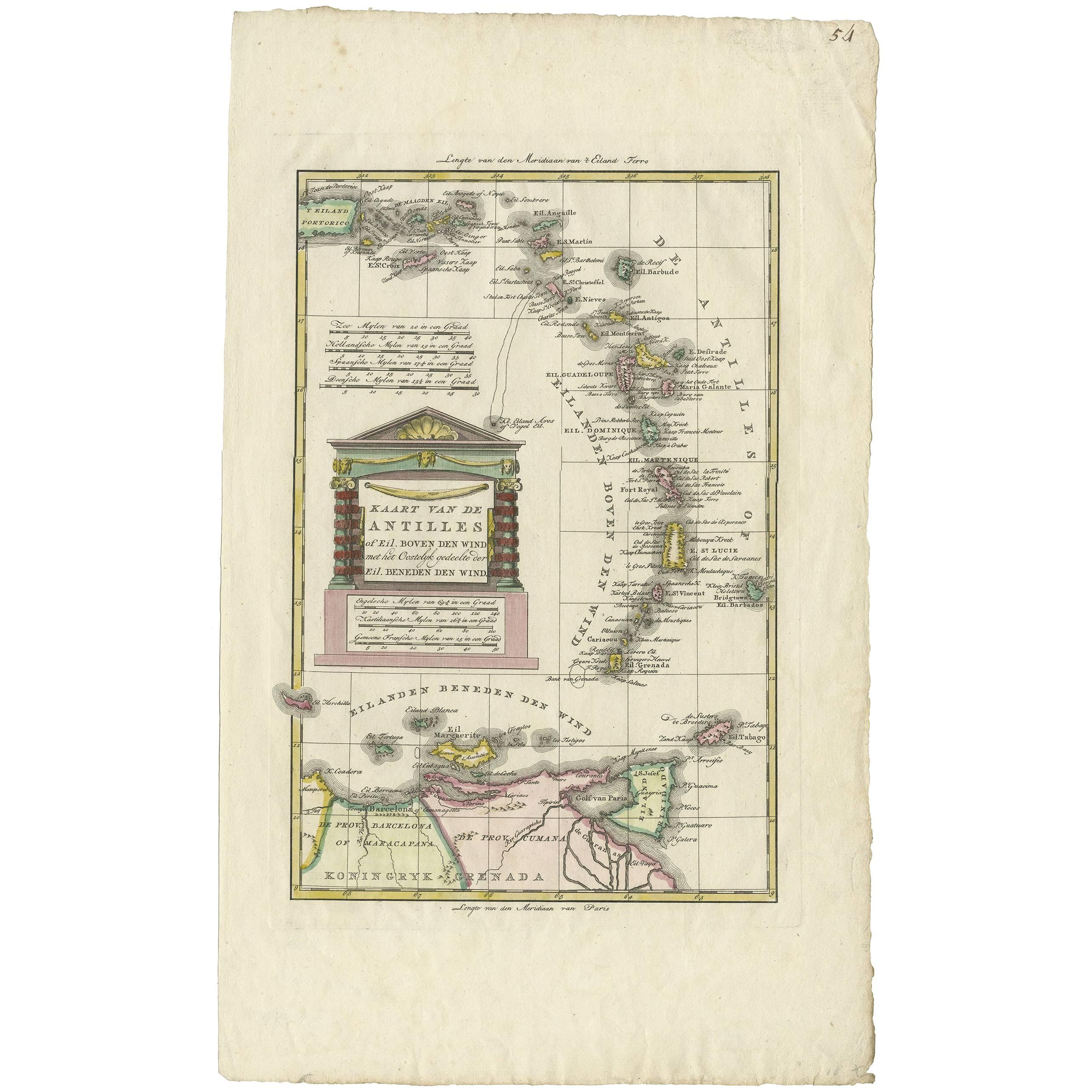Antique Map of the Dutch Antilles 'Caribbean' by R. Bonne, circa 1780 For Sale