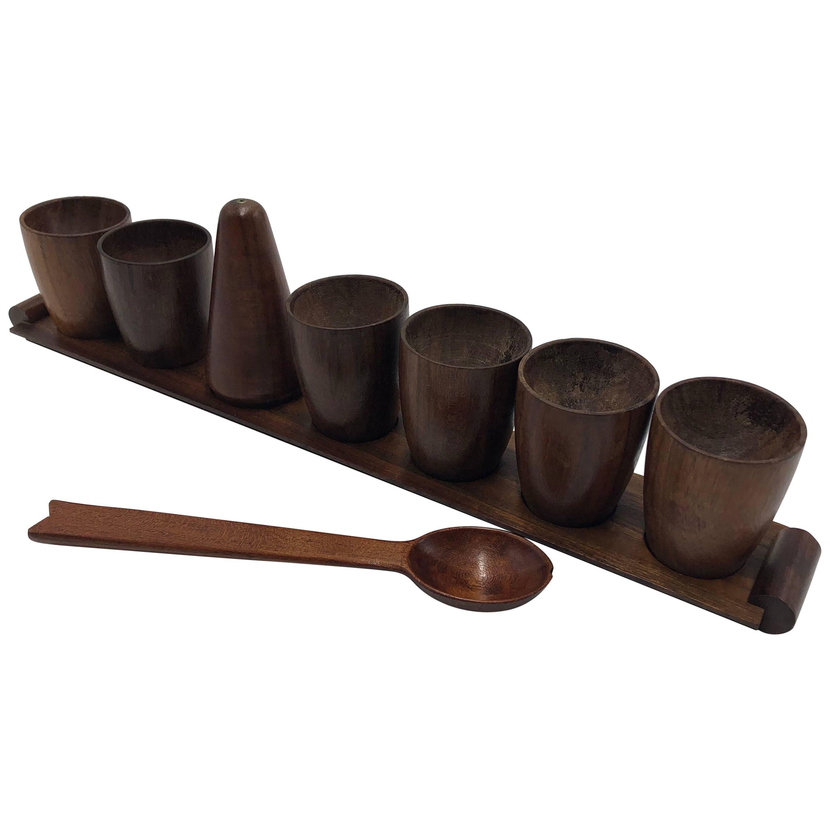 Dutch Teak Egg Cups, Saltshaker, Spoon and Tray, 1960