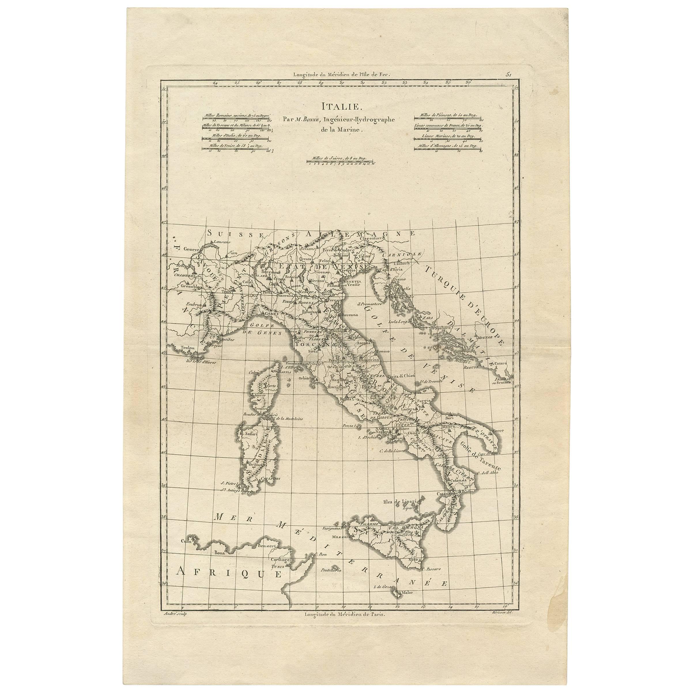 Antique Map of Italy by R. Bonne, circa 1780