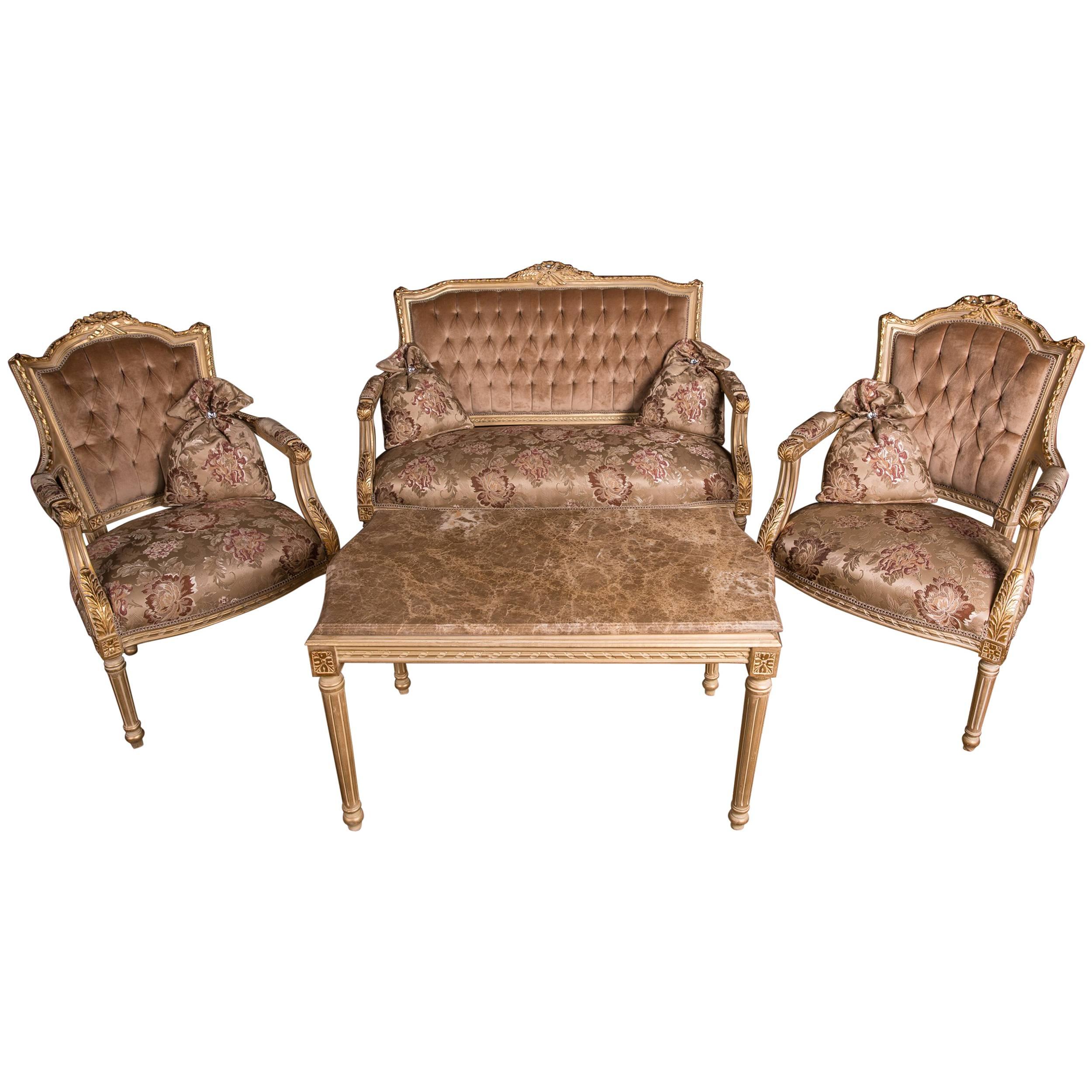 Classic French Seating Set Sofa and Two Armchairs in the Louis Seize Style