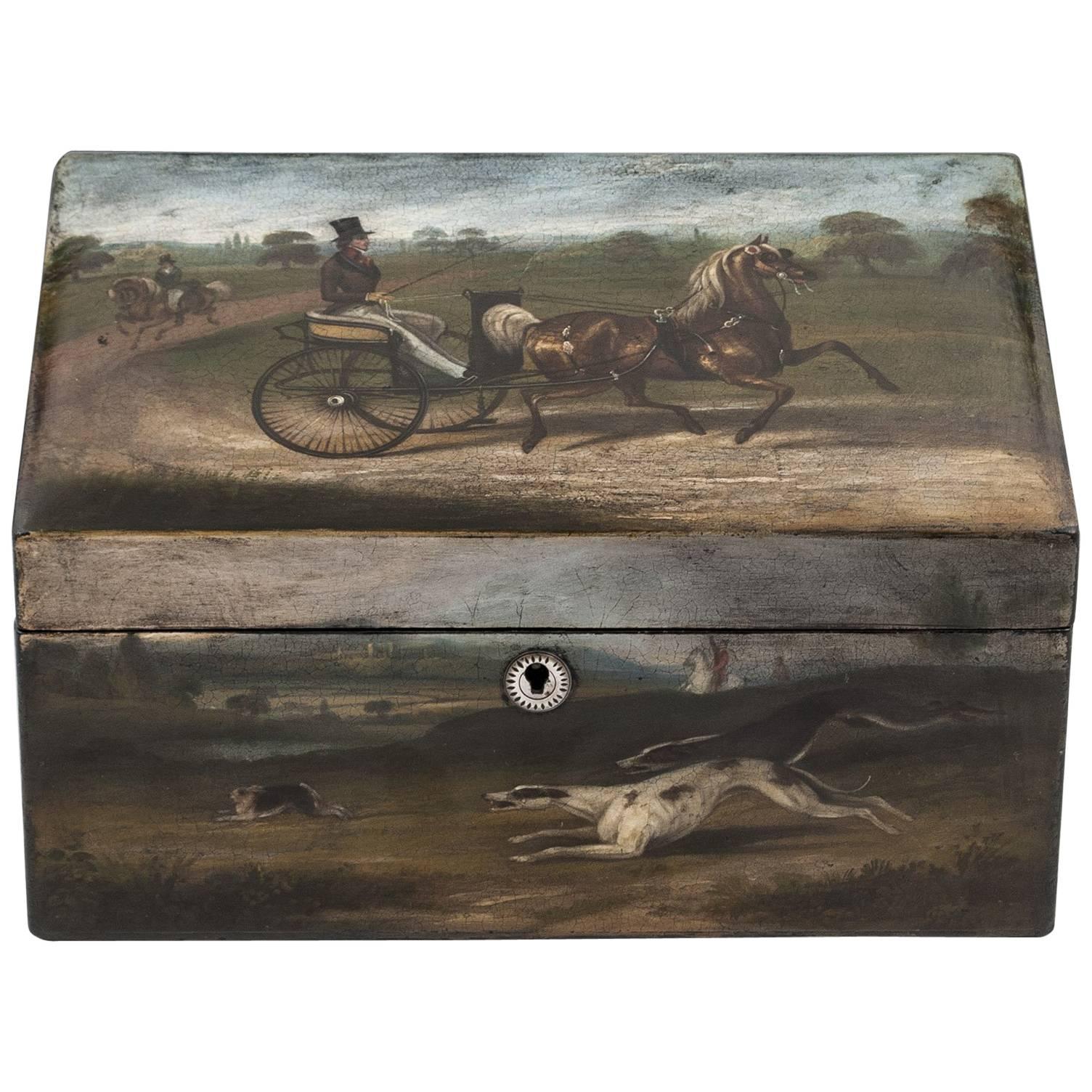 Large Antique Painted Horse & Cart Papier Mache Tea Caddy 19th Century For Sale