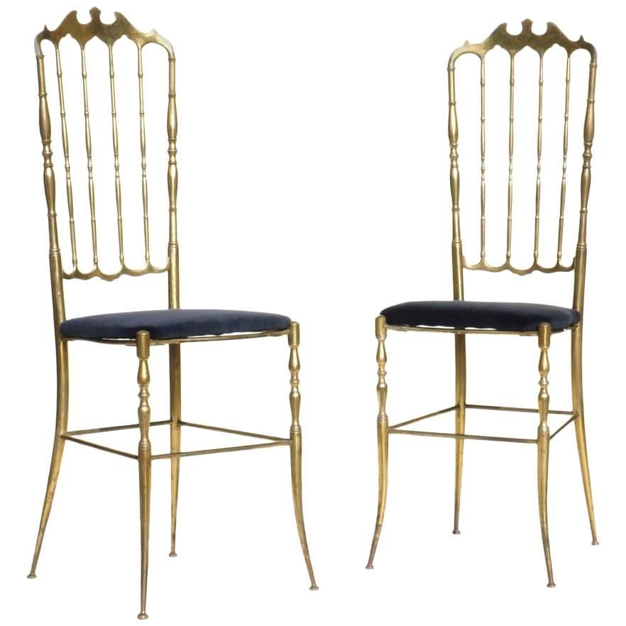 Pair of "Chiavarina" Midcentury Italian Design Brass Blue Velvet Chiavari Chairs