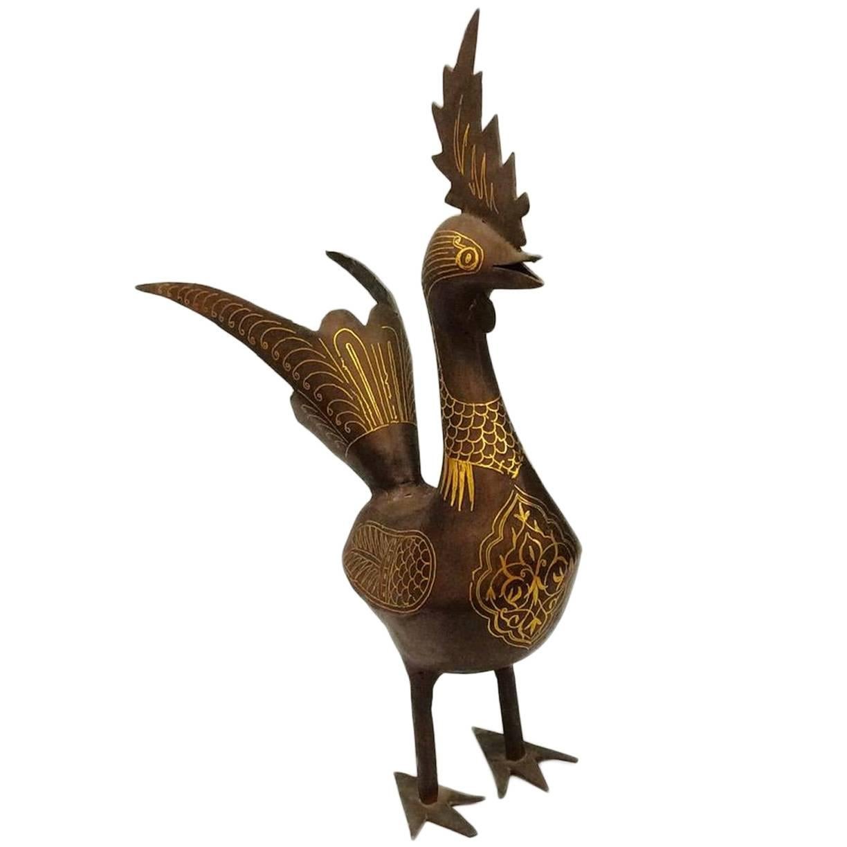 19th Century, a Qajar Gold Damascened Steel Cockerel For Sale