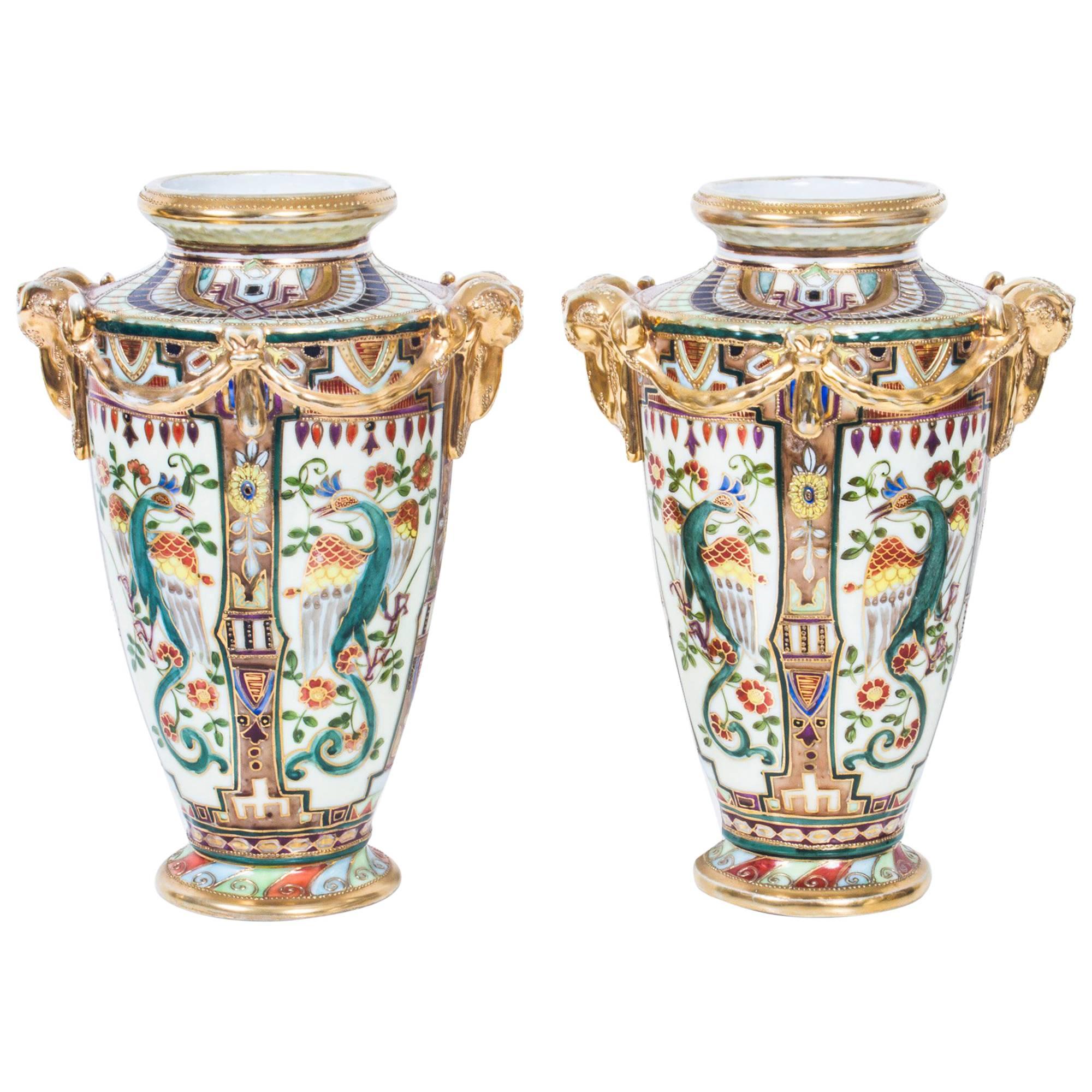 Early 20th Century Vintage Pair of Noritake Hand-Painted Porcelain Vases