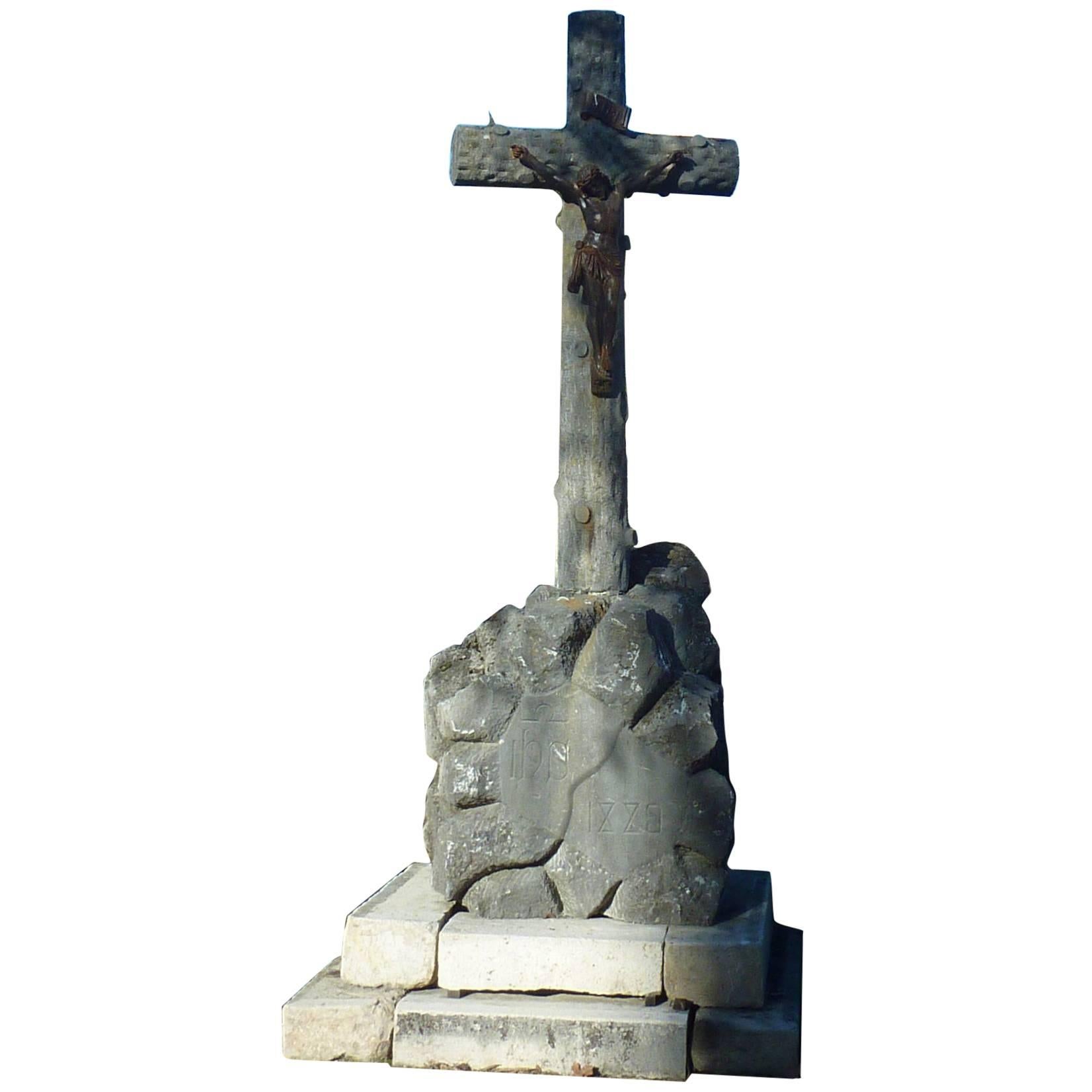 19th Century in Jesus-Christ Cross in Natural Stone and Forged Iron, France For Sale