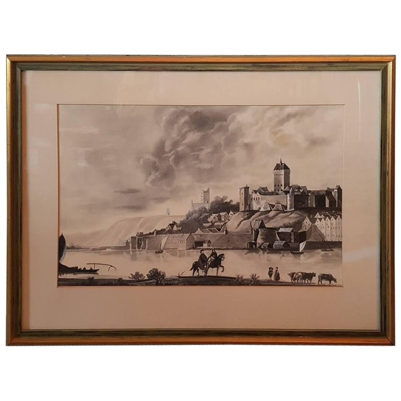 Late 20th Century Dutch Charcoal Drawing of Nijmegen Skyline, 17th Century For Sale