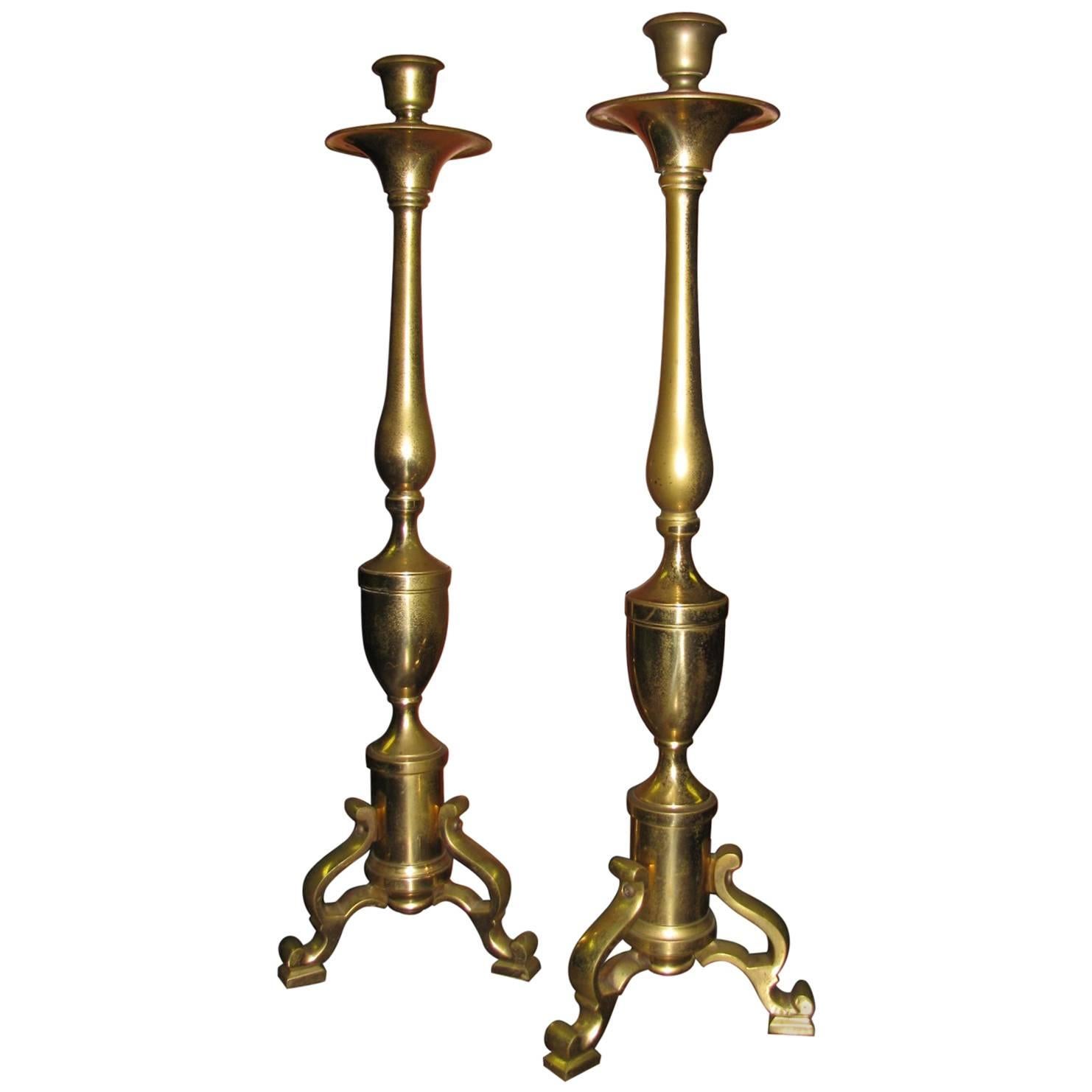 Pair of Tall Neoclassical Brass Candleholders