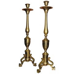 Pair of Tall Neoclassical Brass Candleholders