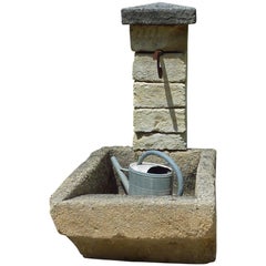 Rustic Garden Fountain with Antique Laundry Sink and Pediment in Stone, Provence