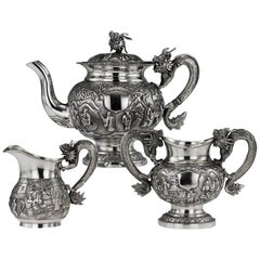 Antique 19th Century Chinese Exceptional Solid Silver Tea Set Gong He circa 1890