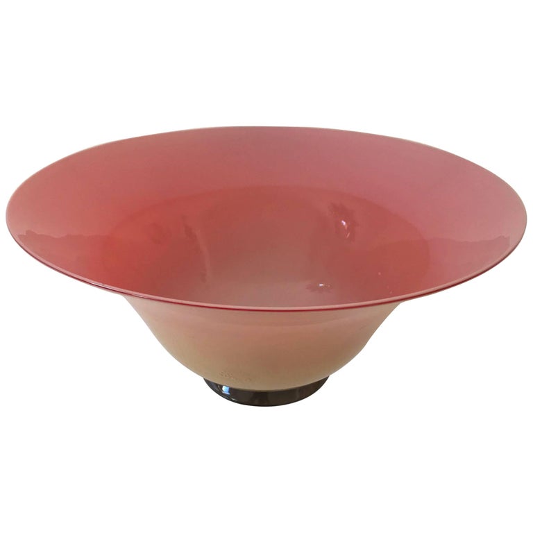 Murano Glass Bowl by Venini in Salmon Color with Gold Powder, Signed