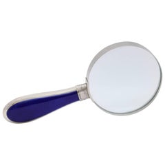 Antique Victorian Sterling Silver and Deep Cobalt Blue Enamel-Mounted Magnifying Glass
