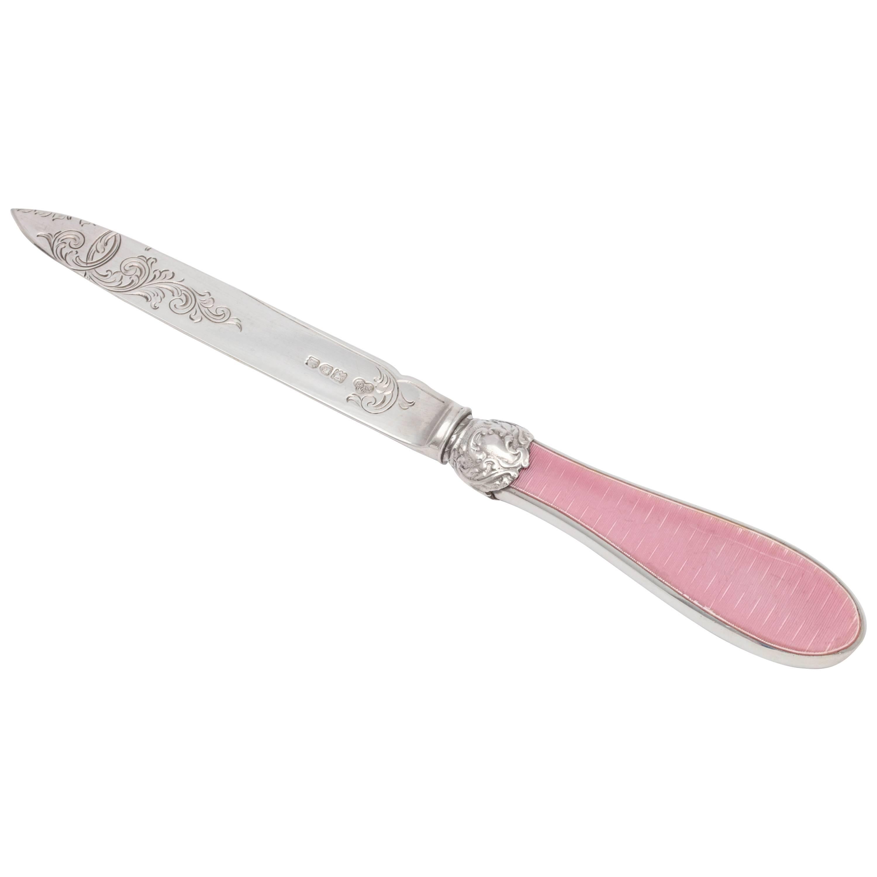 Edwardian Style Sterling Silver and Pink Guilloche Enamel-Mounted Letter Opener