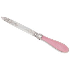 Antique Edwardian Style Sterling Silver and Pink Guilloche Enamel-Mounted Letter Opener