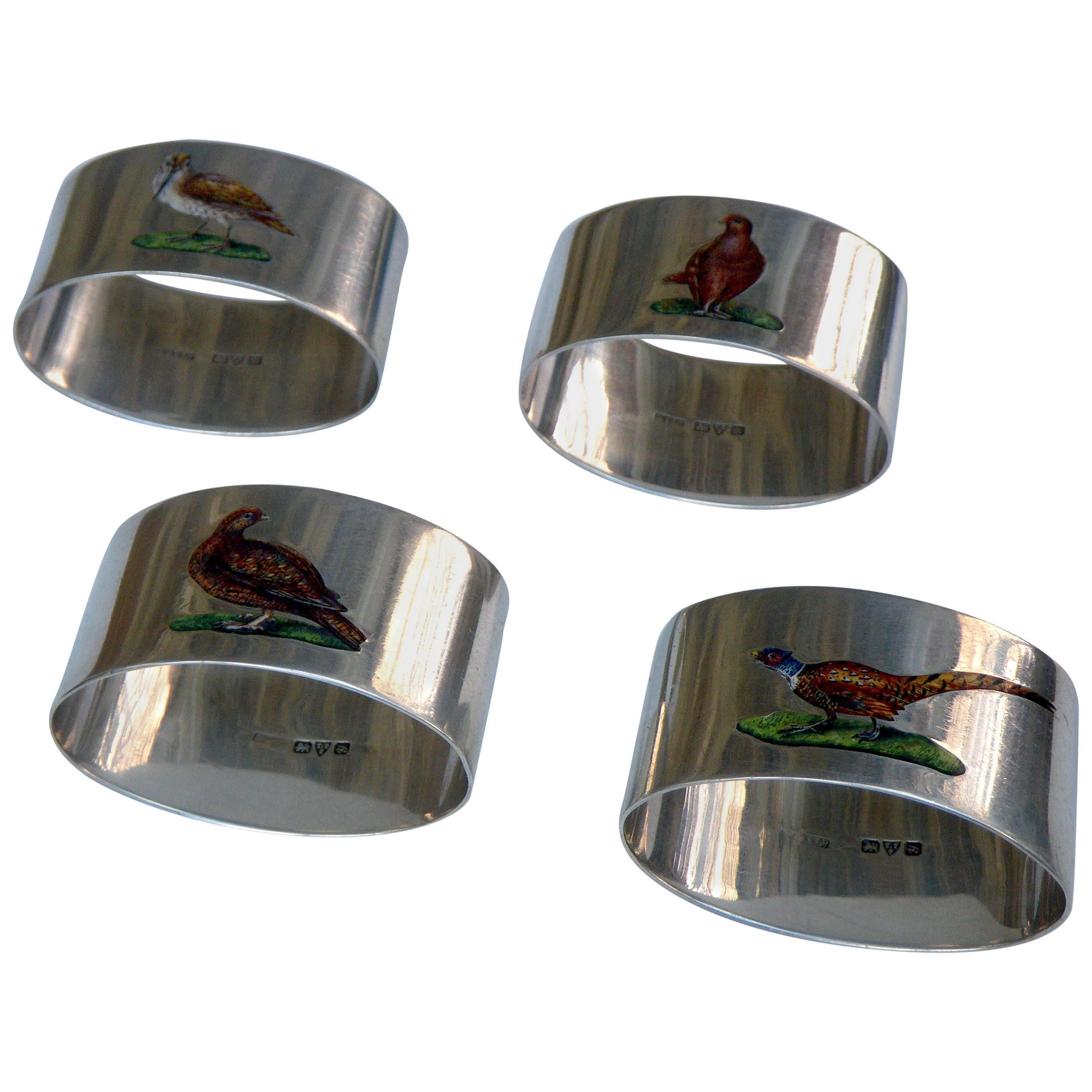 Antique English Sterling Silver - Set of 4 enamel Game Bird Napkin Rings Chester For Sale