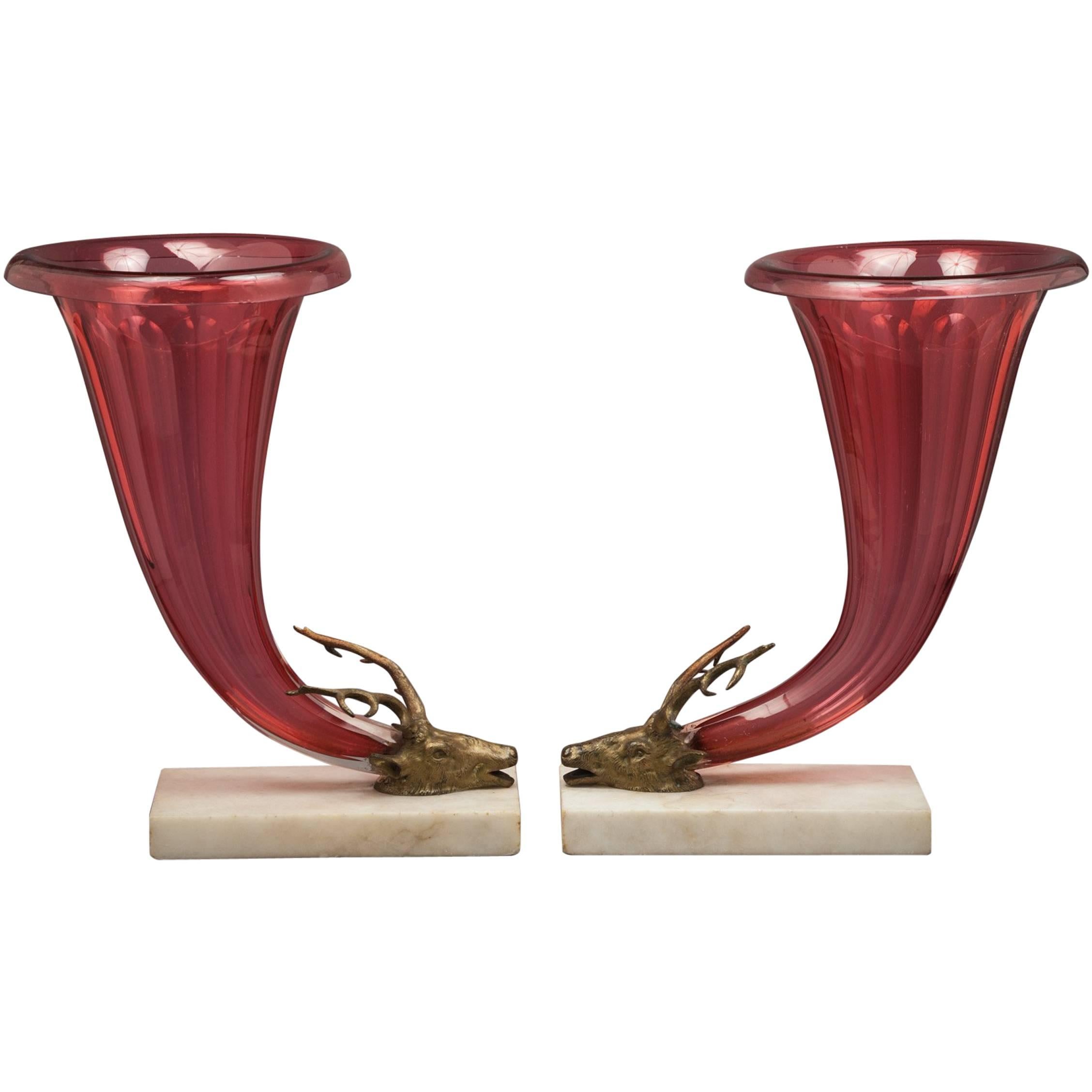 Pair of Large Marble Bronze and Ruby Glass Cornucopias, circa 1840