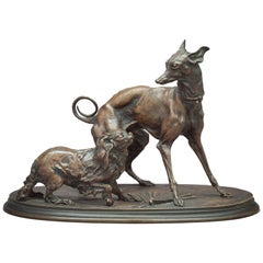 Antique Bronze Group of a Whippet and Pekingese Dogs, circa 1880