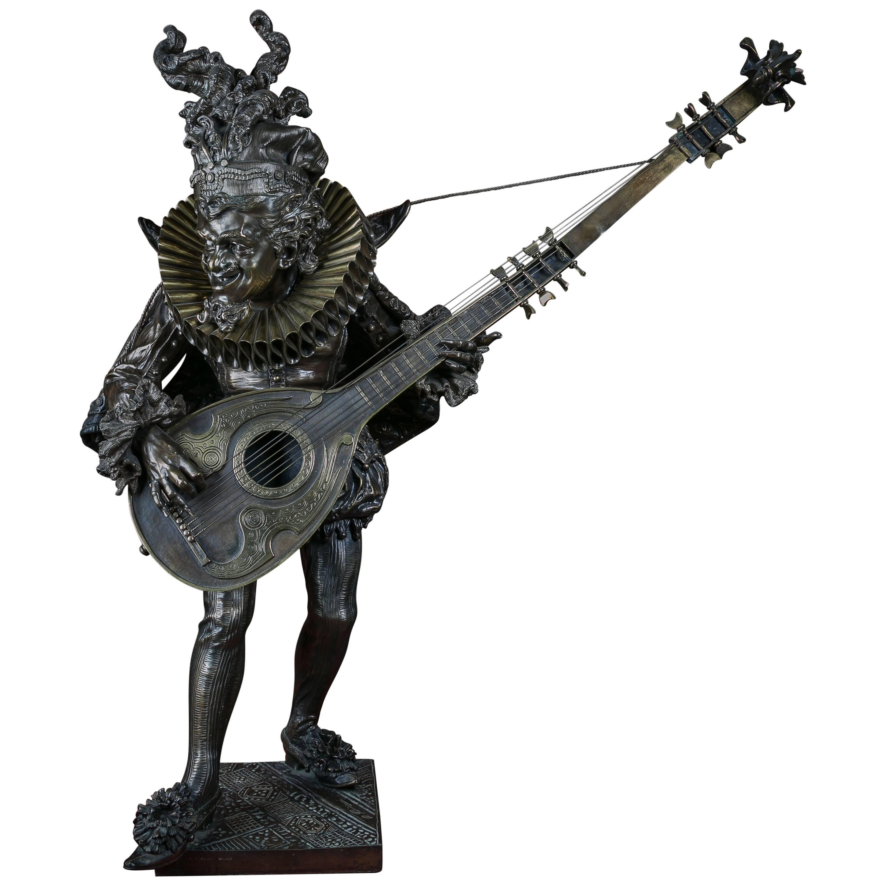 Italian Parcel-Gilt Bronze Figure of a Lute Player, 19th Century For Sale