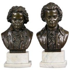 Pair of Bronze-Mounted Busts of Beethoven and Mozart on Marble Stands circa 1880