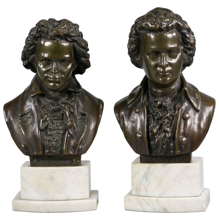 Pair of Bronze-Mounted Busts of Beethoven and Mozart on Marble Stands circa 1880 For Sale