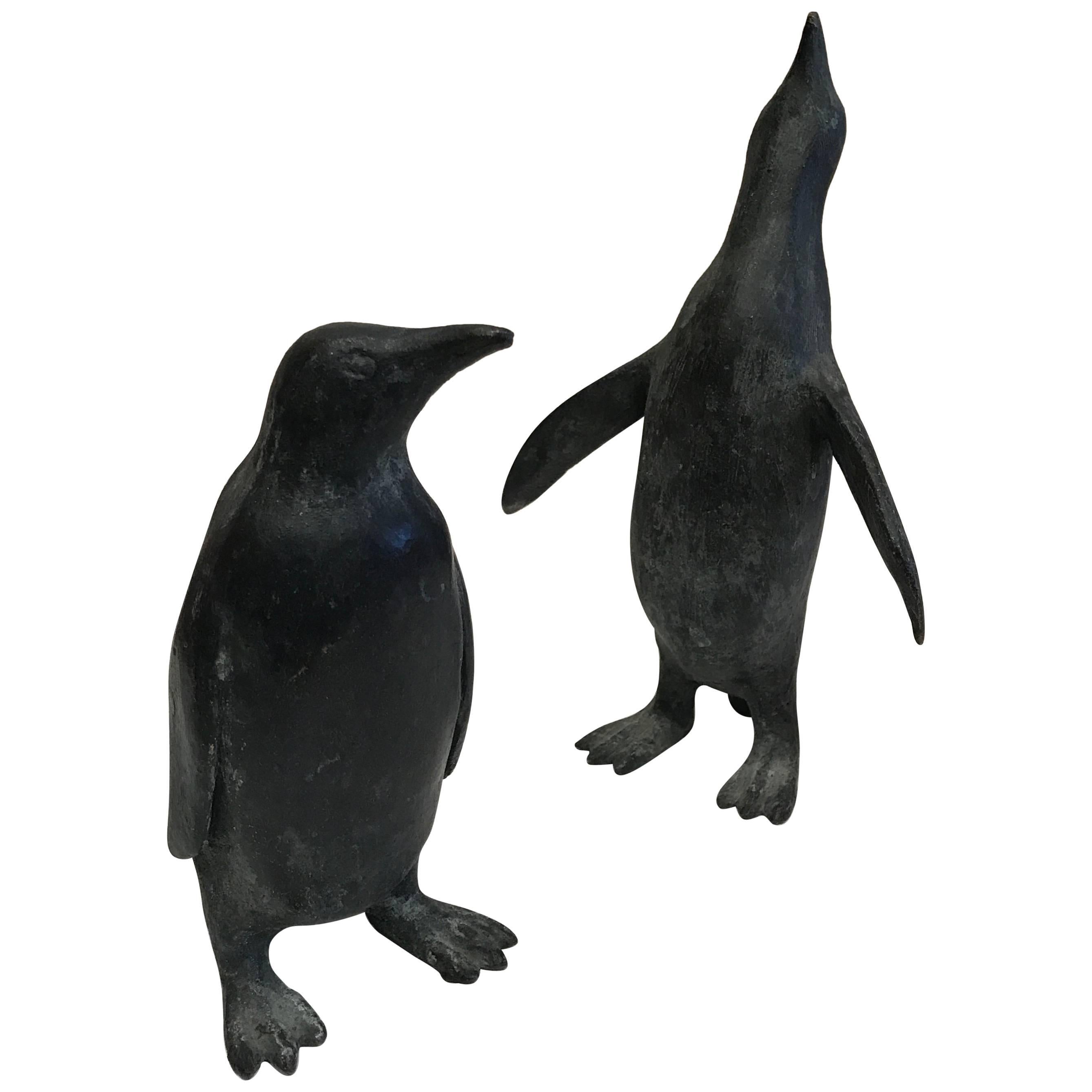 1930s Pair of Cast Solid Bronze Penguins Numbered Series