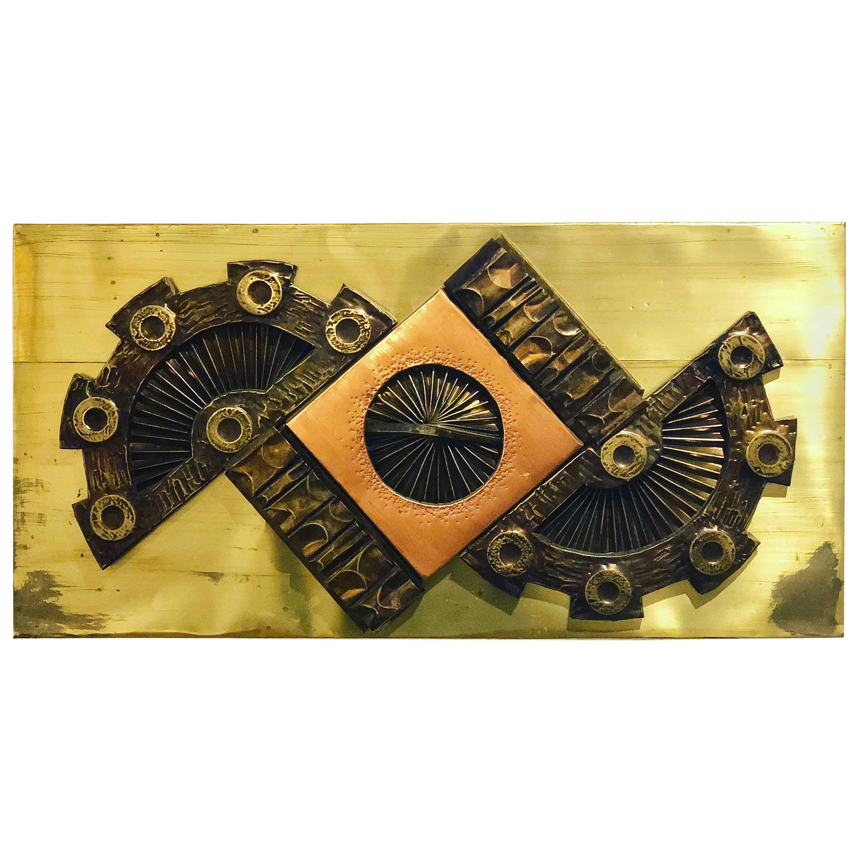 1970s Brutalist Metal Wall Plaque in Copper and Brass by Stephen Chun