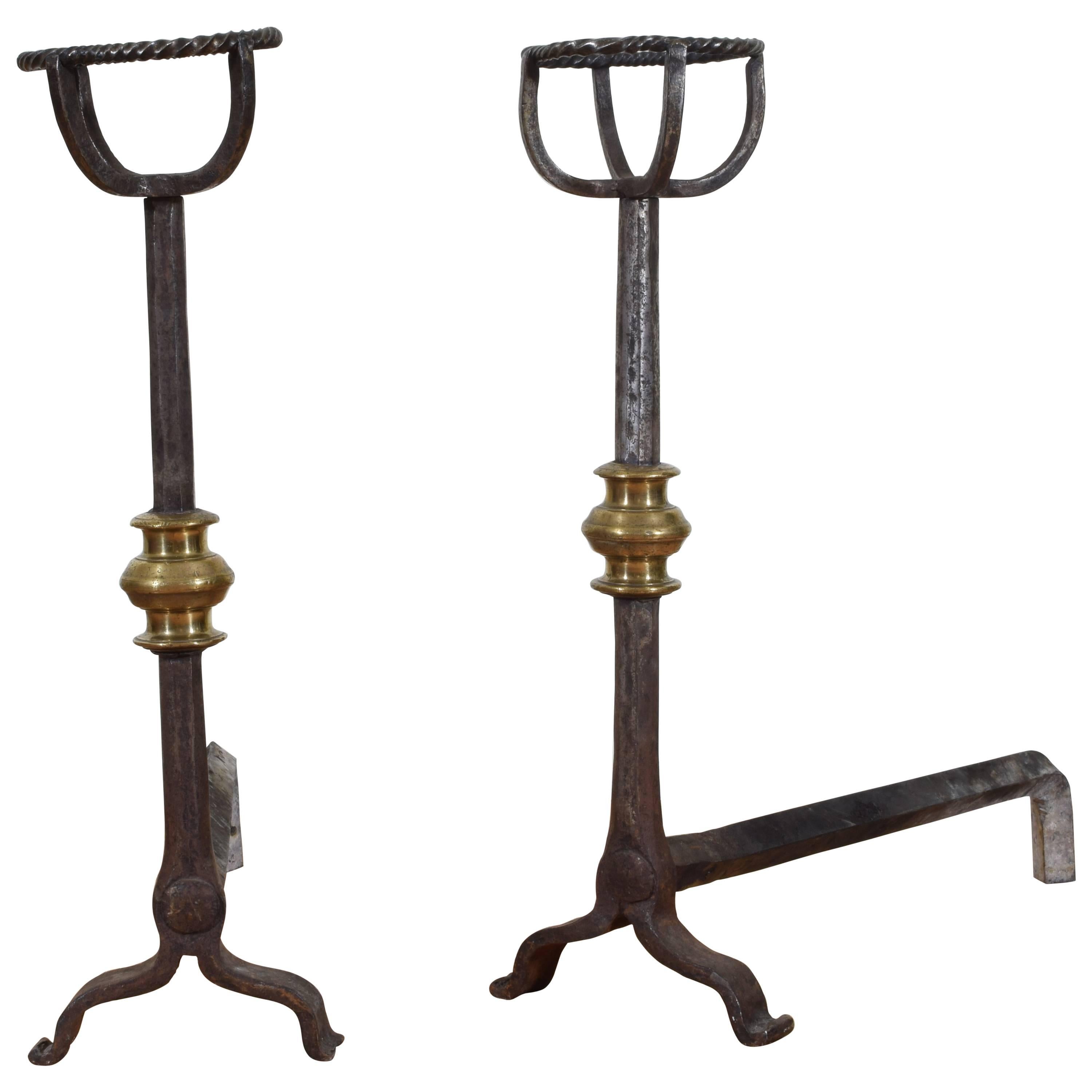 French Early 19th Century Wrought Iron and Brass Andirons