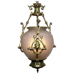 Early 20th Century Gilt-Bronze and Opaline Glass Hanging Lantern with Lion Pelts