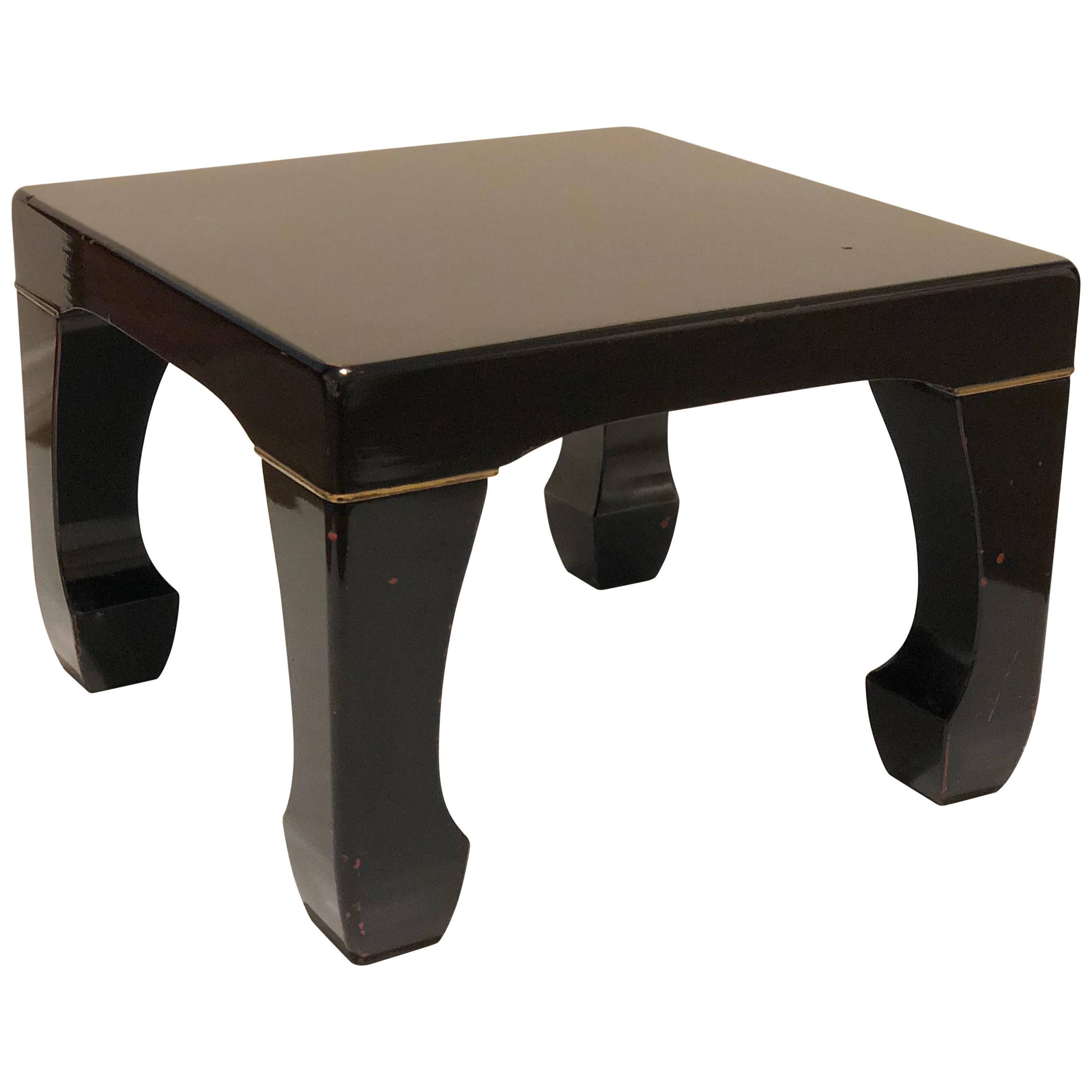 Mid-Century Modern Black Lacquer Low Japanese Stool with Gold Leaf Accents For Sale