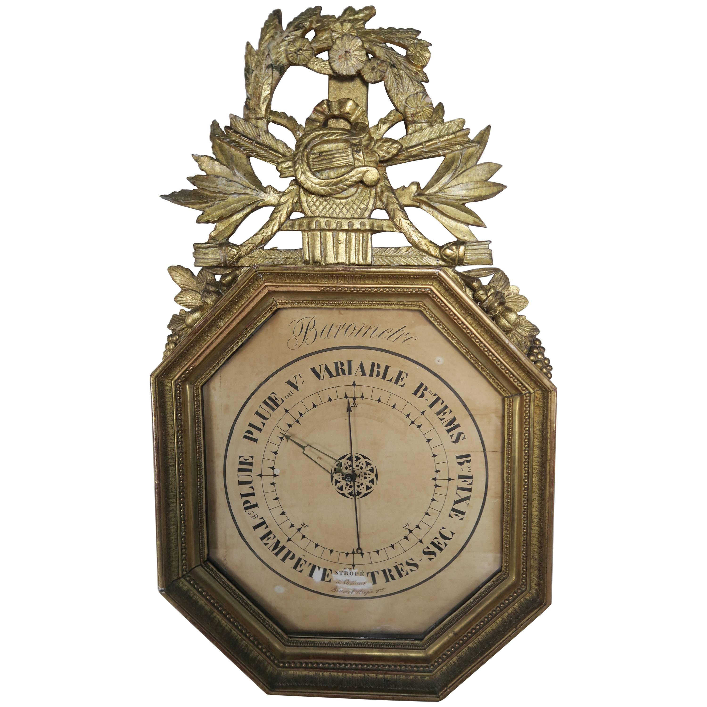 19th Century French Octagonal Louis XVI Style Gilt Wood Barometer